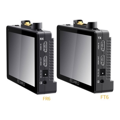 Dois dispositivos eletrónicos pretos com ecrãs e rótulos RX e TX FEELWORLD