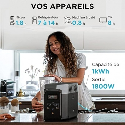 Bateria de cozinha moderna cinza escuro com painel digital em cozinha branca, texto em francês com especificações de energia.