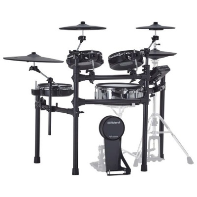 Bateria eletrónica Roland V-Drums preta com tambores e pratos