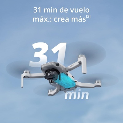 Drone cinza claro com câmara e bateria azul e texto em espanhol