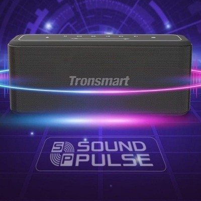 Coluna portátil preta Tronsmart com botões e texto SOUND PULSE no fundo.