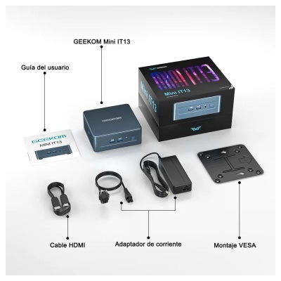 Conjunto de computador GEEKOM Mini IT13 com acessórios e embalagem