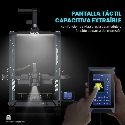 Impressora 3D preta ELEGOO com ecrã tátil destacável azul e mão a tocar no ecrã