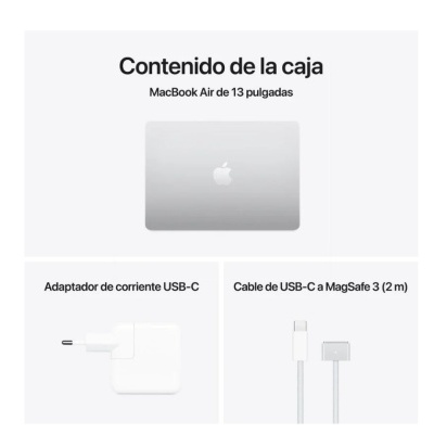 Conteúdo da caixa do MacBook Air de 13 polegadas com portátil, adaptador USB-C e cabo USB-C a MagSafe 3