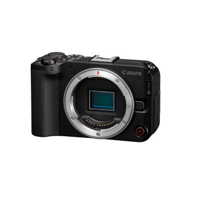 Câmara Canon EOS M10 preta sem lente, com botão vermelho e anel prateado