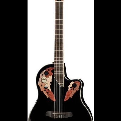 Guitarra acústica elétrica preta com decoração floral