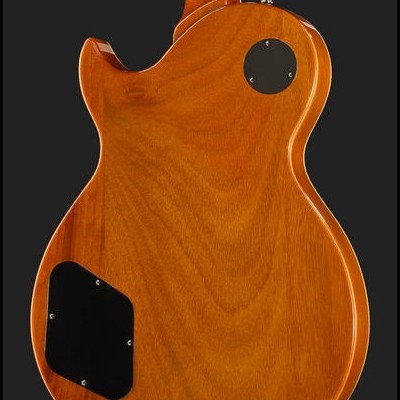 Guitarra elétrica em madeira castanho claro vista de trás com compartimentos pretos