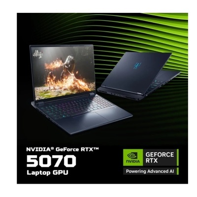 dois portáteis gaming escuros num fundo preto e verde com texto NVIDIA GeForce RTX 5070
