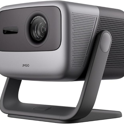 Projetor JMGO cinza sobre suporte preto