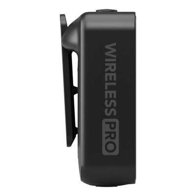 Dispositivo preto retangular com texto WIRELESS PRO e clipe fixador na lateral