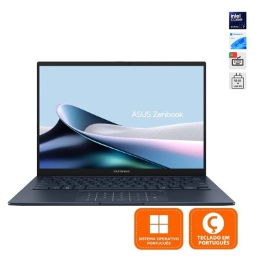Computador portátil ASUS Zenbook com imagem no ecrã e etiquetas em português