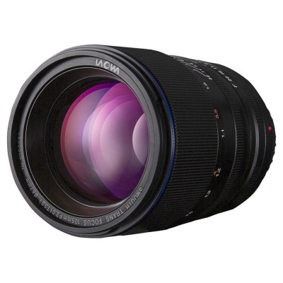Objetiva de câmara fotográfica NOVN SUOHUA TRANS FOCUS 105MM F2.8 MACRO preta com detalhes em roxo