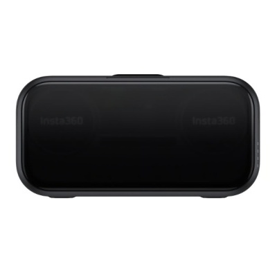 Caixa preta para câmara Insta360 com tampo translúcido e logótipos Insta360 visíveis nas lentes