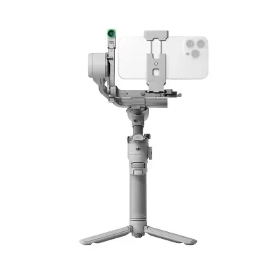 Estabilizador gimbal cinza claro com suporte para smartphone branco e tripé compacto