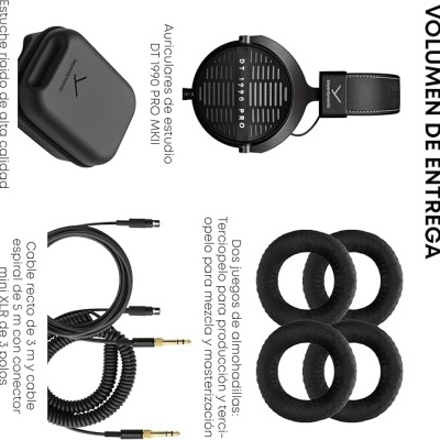 Fones de ouvido de estúdio preto com acessórios e estojo rígido