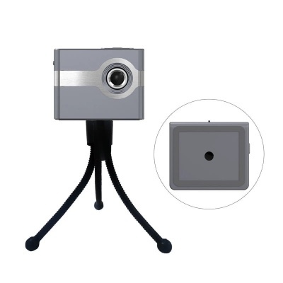 Câmara digital cinzenta com tripé preto