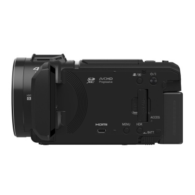 Câmara de vídeo preta visto de lado com visor dobrado e botões visíveis