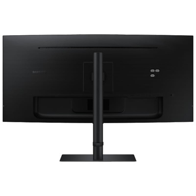 Monitor Samsung curvo preto visto de trás com suporte e base