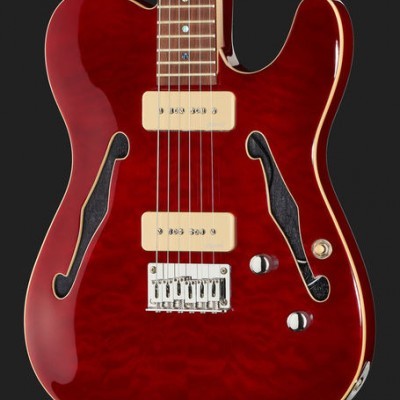 Guitarra elétrica semi-hollow vermelha com captadores creme e ranhuras em f pretas