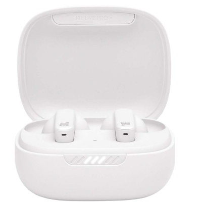 Auriculares sem fios brancos com estojo de carregamento aberto