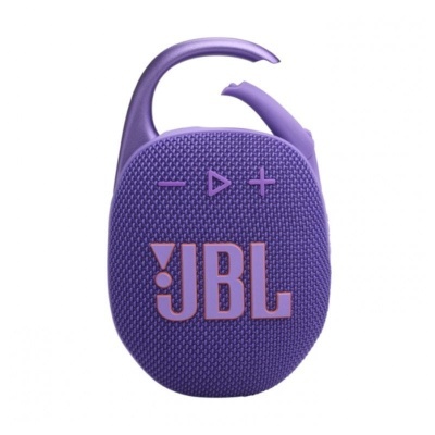 Coluna portátil roxa JBL com botões de controlo e gancho.