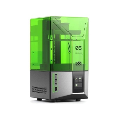 Impressora 3D ELEGOO com cobertura verde translúcida e estrutura cinza metálica