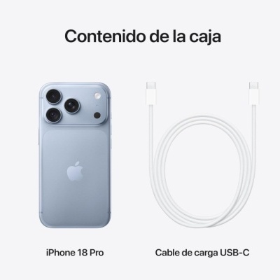 Smartphone azul iPhone 18 Pro com três câmaras e cabo de carga USB-C branco