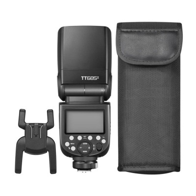 Flash de câmara preto TT685 com suporte e estojo preto