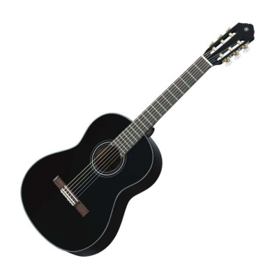 Guitarra clássica negra com 6 cordas e fundo branco