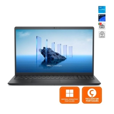 Portátil Dell Technologies preto com ecrã ligado e etiquetas informativas