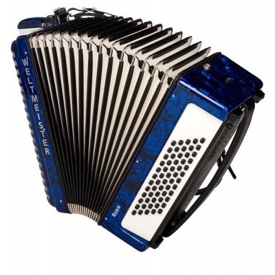 Acordeão azul com botões pretos e texto WELTMEISTER.