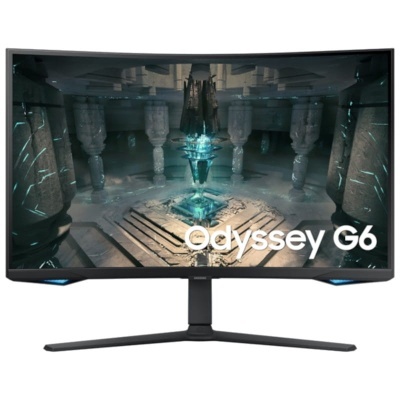 Monitor curvo Samsung Odyssey G6 com imagem futurista e texto Odyssey G6