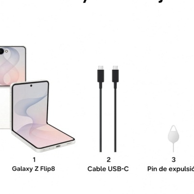 Galaxy Z Flip8 branco dobrável, cabo USB-C preto e pin de expulsão branco