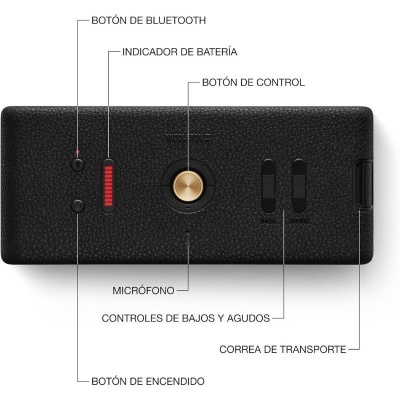 Coluna portátil preta com controlo Bluetooth e indicadores