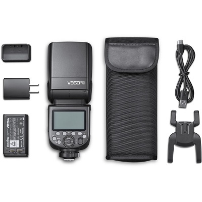 Conjunto de flash fotográfico Godox V860II com acessórios e estojo preto