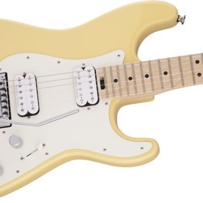 Guitarra elétrica amarela com captadores duplos e ponte tremolo