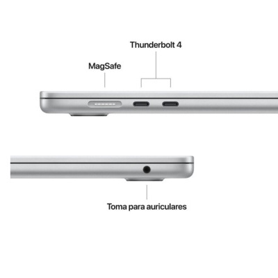 Lateral de portátil prateado com portas MagSafe, Thunderbolt 4 e toma para auriculares