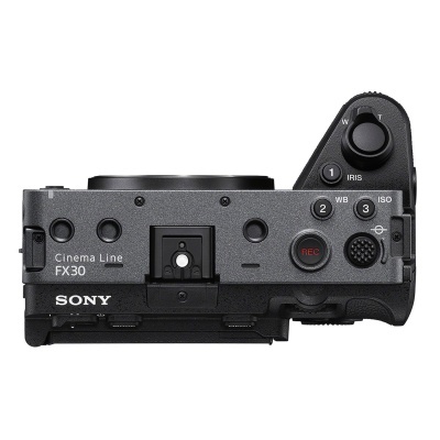 Câmara Sony Cinema Line FX30 vista de cima, corpo cinza e preto com botões