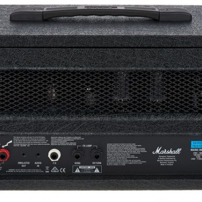 Cabeça amplificadora Marshall preta com conectores e texto na parte traseira