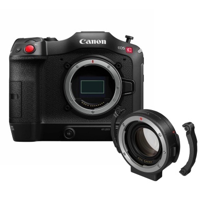 Câmara fotográfica Canon EOS C preta com anel de objectiva removível