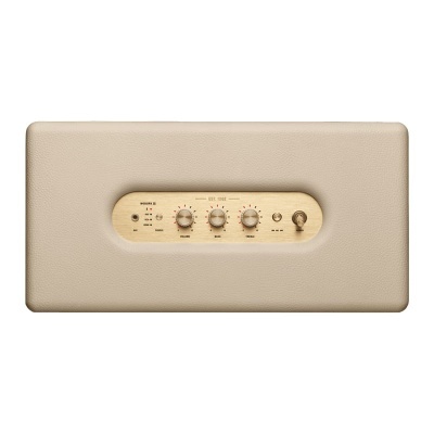 Coluna de áudio bege com painel frontal creme e botões giratórios