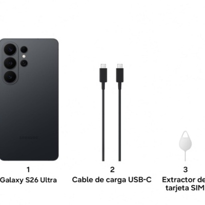 Galaxy S26 Ultra, cabo USB-C e extrator de cartão SIM sobre fundo branco