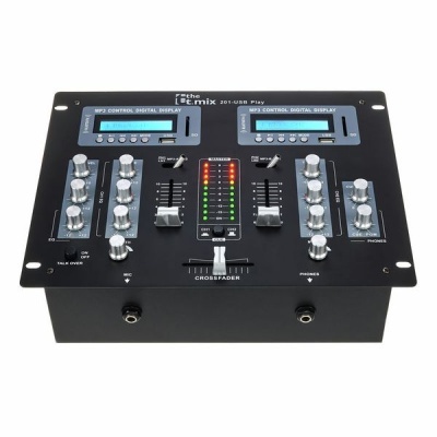 Mesa de mistura digital preta com ecrãs e controlos