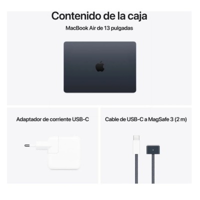 Conteúdo da caixa MacBook Air 13 polegadas com laptop cinza, adaptador USB-C branco e cabo USB-C a MagSafe 3 preto