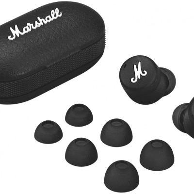 Auscultadores sem fios Marshall pretos com estojo e pontas em silicone