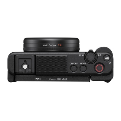Câmara Sony ZV-1 preta vista de cima com lente Vario-Sonnar T* e botões visíveis