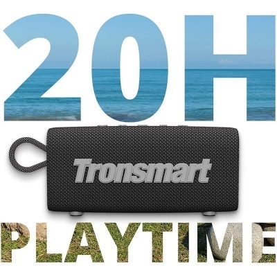 Coluna portátil preta Tronsmart com texto 20H e PLAYTIME com fundos naturais