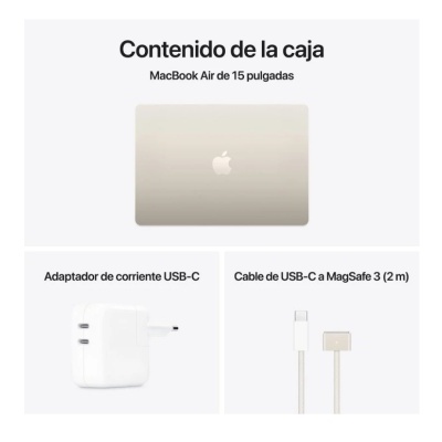 Conteúdo da caixa do MacBook Air 15 polegadas com portátil dourado, adaptador USB-C branco e cabo USB-C a MagSafe 3.