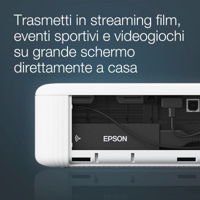 Projetor branco EPSON com texto em italiano em fundo cinzento-azulado