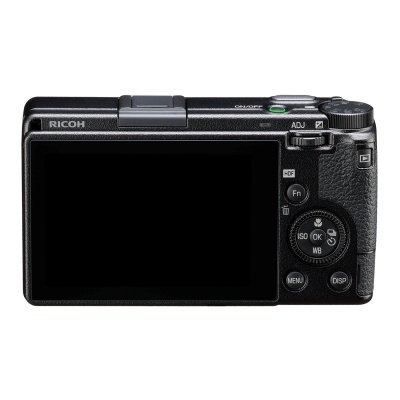 Câmara digital compacta preta RICOH vista de trás com ecrã LCD e botões de controlo